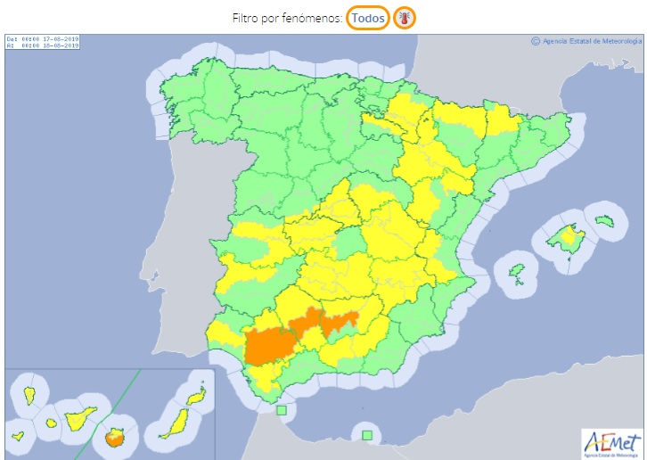 Mapa de avisos por altas temperaturas para el sábado día 17 de agosto de 2019.