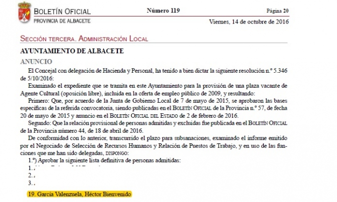 Héctor García (Ganemos), vota en contra de la transparencia en el Ayuntamiento de Albacete y opta a una plaza de funcionario, todo a la vez