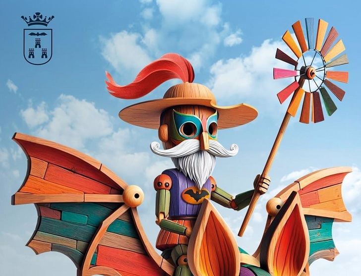 El carnaval de Albacete llega 'volando' a Albacete con un Quijote montado en el escudo de la ciudad, obra de Juan Diego Ingelmo