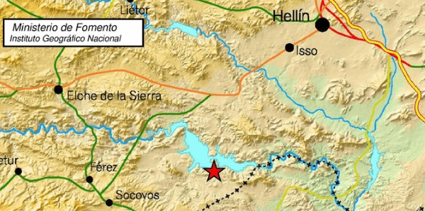 Mapa del Instituto Geográfico Nacional con el epicentro del terremoto de Socovos.